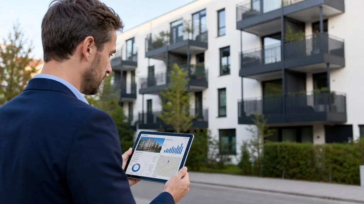 AI模型对比:ChatGPT、Claude、Gemini等通俗解读 Kapitalanleger prueft Mehrfamilienhaus-Investment mit Tablet-Analyse vor Wohngebaeude