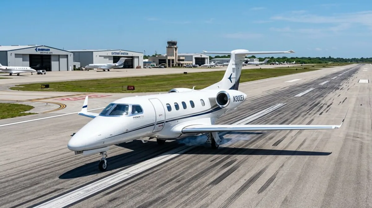Embraer Phenom 300 轻型公务机停在阳光明媚的跑道上